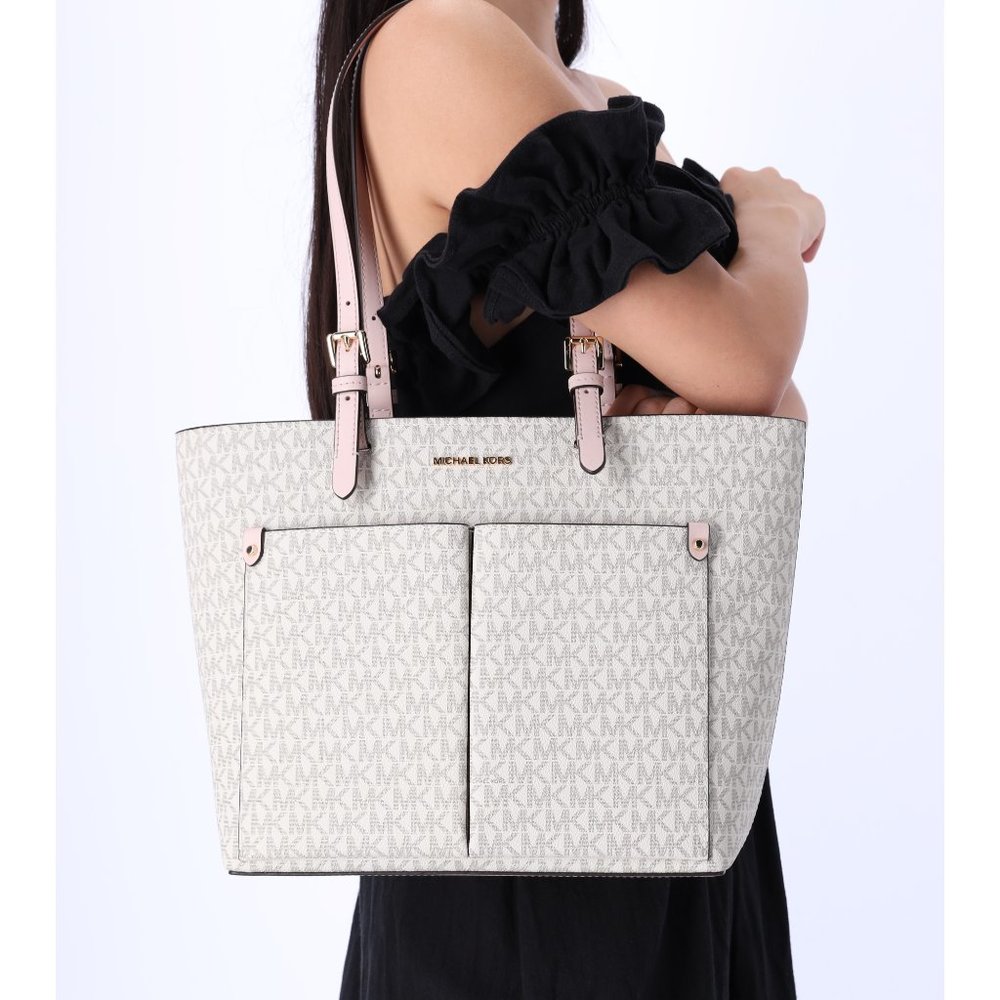 Michael Kors Jet Set Travel Medium Double Pocket Tote Vanilla MK Blush Pink - Picture 1 of 9